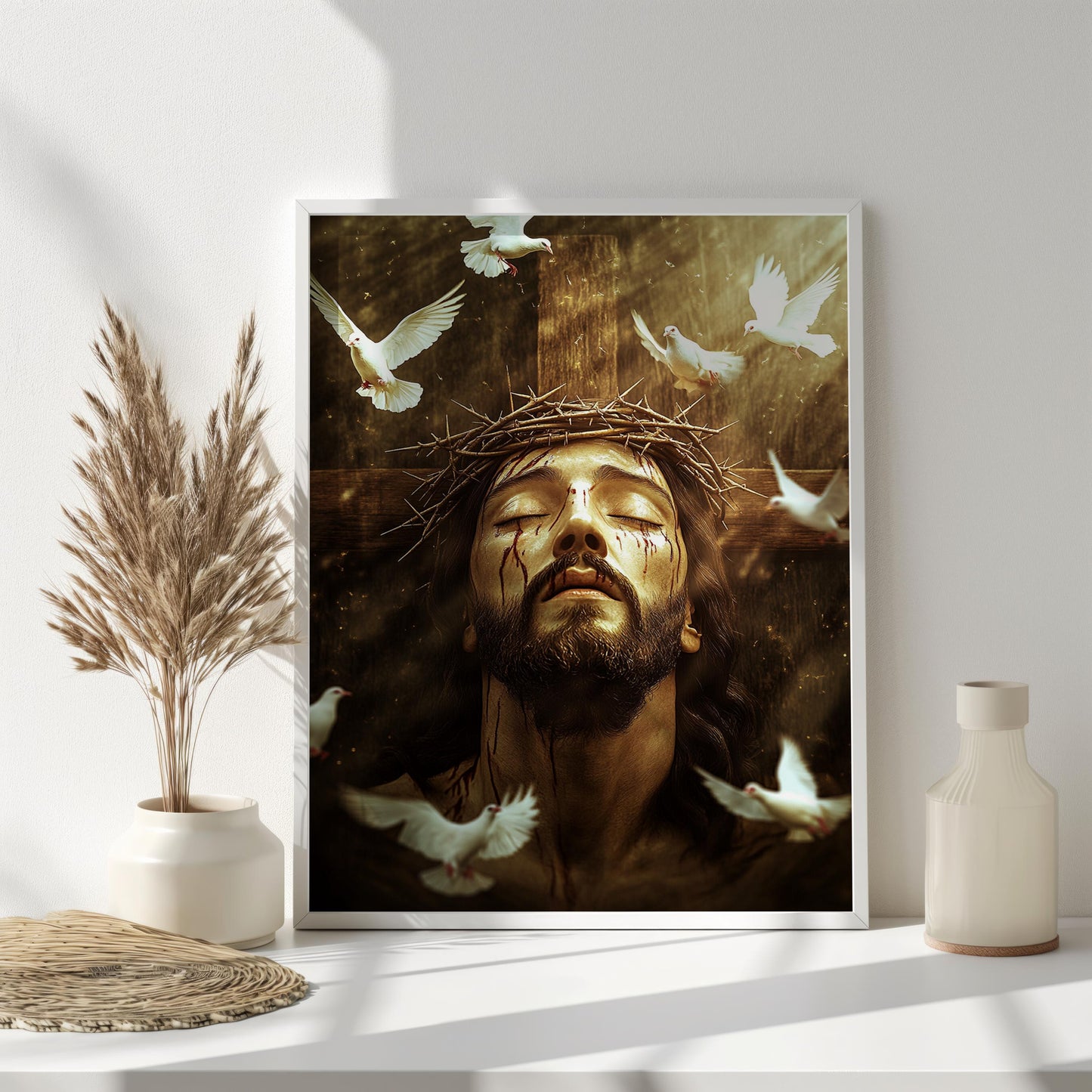 Jesus Christ Crown of Thorns Art, Spiritual Savior with Doves, Christian Wall Decor, Symbolic Religious Print, Faith and Redemption Artwork