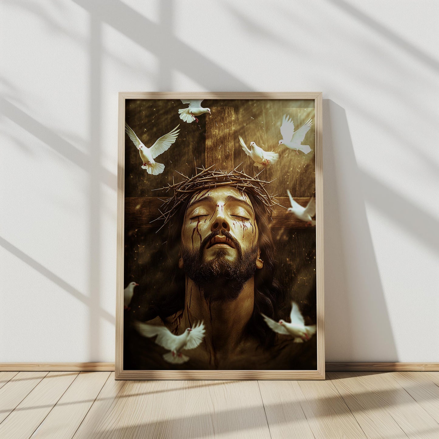 Jesus Christ Crown of Thorns Art, Spiritual Savior with Doves, Christian Wall Decor, Symbolic Religious Print, Faith and Redemption Artwork