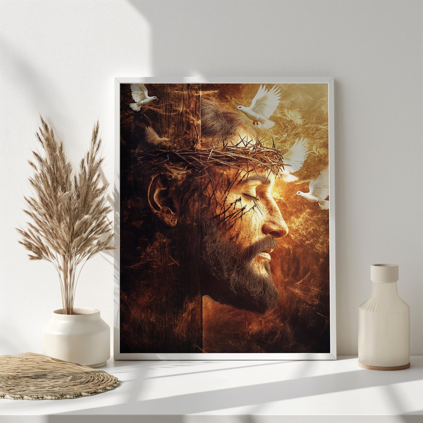 Jesus Crown of Thorns Art, Sacred Savior with Doves, Christian Wall Decor, Faith-Inspired Religious Print, Divine Redemption Fine Art