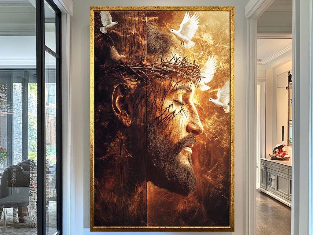 Jesus Crown of Thorns Art, Sacred Savior with Doves, Christian Wall Decor, Faith-Inspired Religious Print, Divine Redemption Fine Art