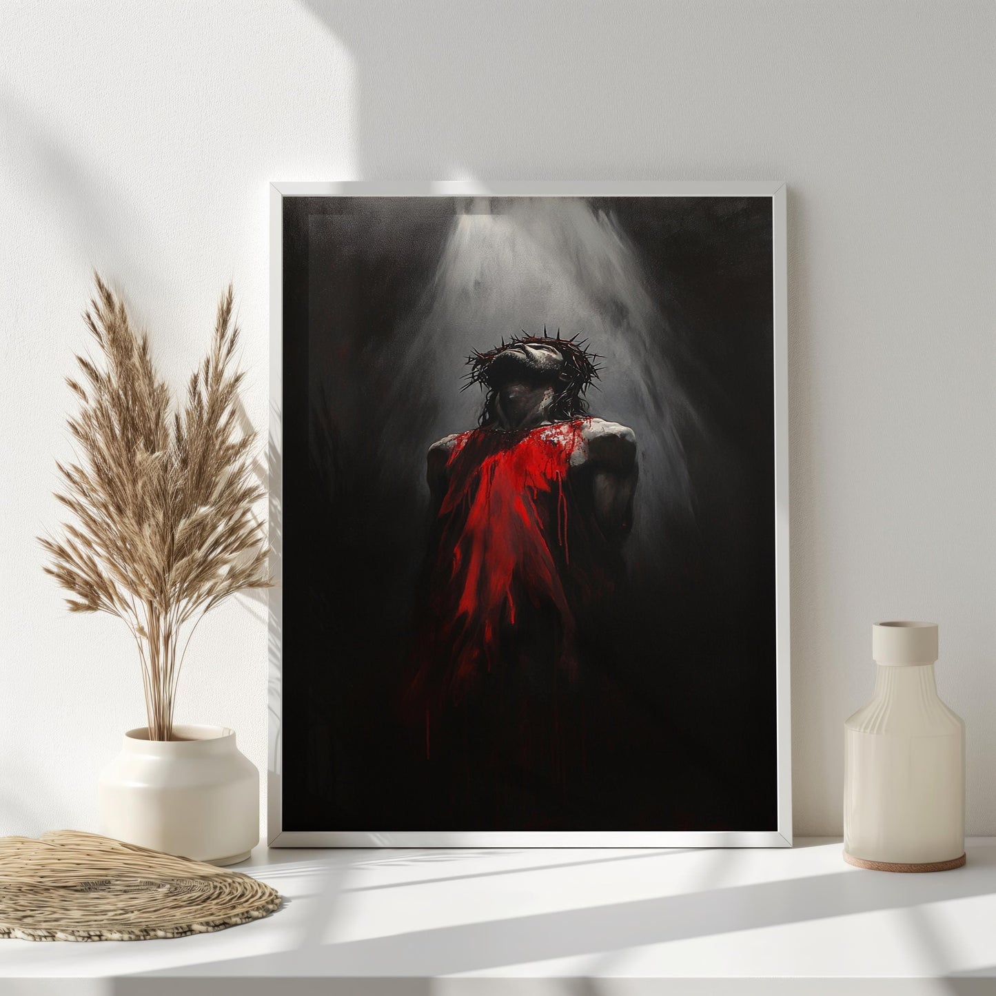 Jesus Christ Crown of Thorns, Symbolic Sacrifice Art, Spiritual Christian Wall Decor, Dramatic Savior Painting, Religious Fine Art Print