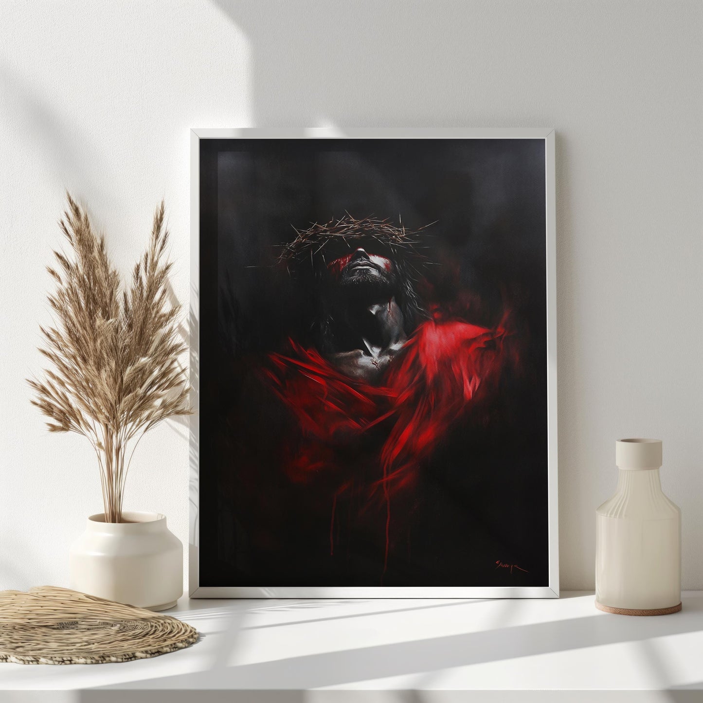 Jesus Crown of Thorns Painting, Dramatic Christian Art, Symbolic Savior Wall Decor, Red and Black Religious Artwork, Faith Print