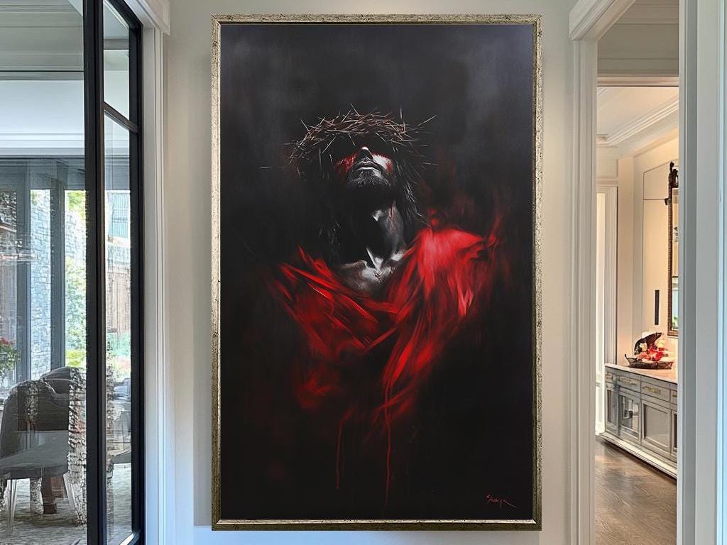 Jesus Crown of Thorns Painting, Dramatic Christian Art, Symbolic Savior Wall Decor, Red and Black Religious Artwork, Faith Print