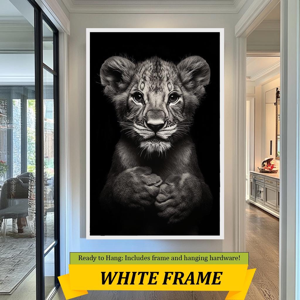 Baby Lion Wall Art Print, Black and White Animal Portrait, Nursery Safari Decor, Wildlife Photography, Minimalist Lion Cub Artwork