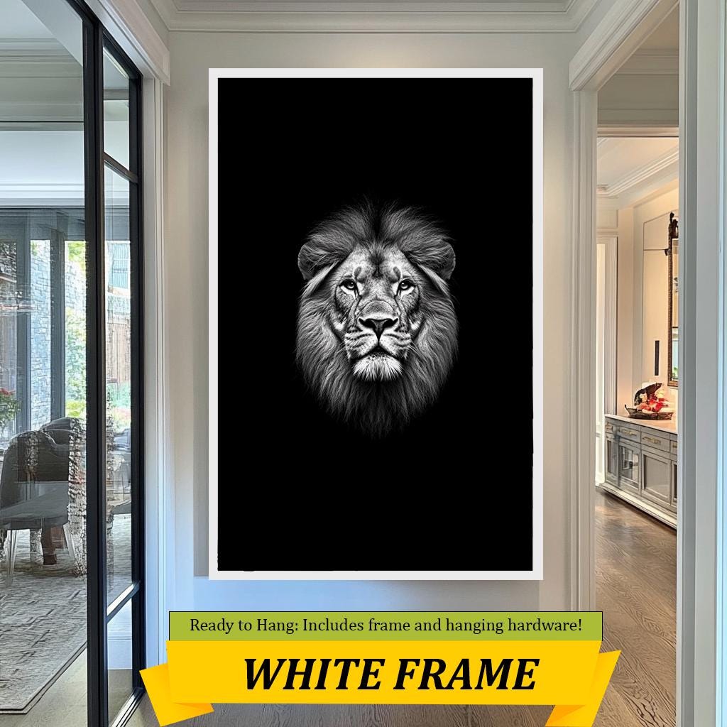 Lion Head Wall Art Print, Black and White Lion Portrait, Wildlife King Artwork, Safari Wall Decor, Majestic Lion Face Minimalist Print