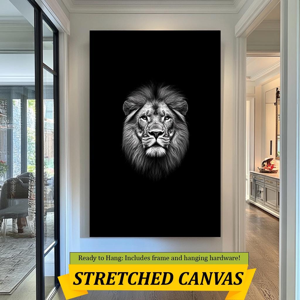 Lion Head Wall Art Print, Black and White Lion Portrait, Wildlife King Artwork, Safari Wall Decor, Majestic Lion Face Minimalist Print