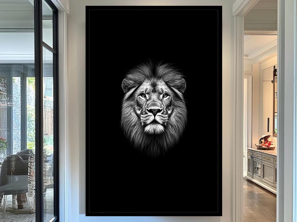 Lion Head Wall Art Print, Black and White Lion Portrait, Wildlife King Artwork, Safari Wall Decor, Majestic Lion Face Minimalist Print