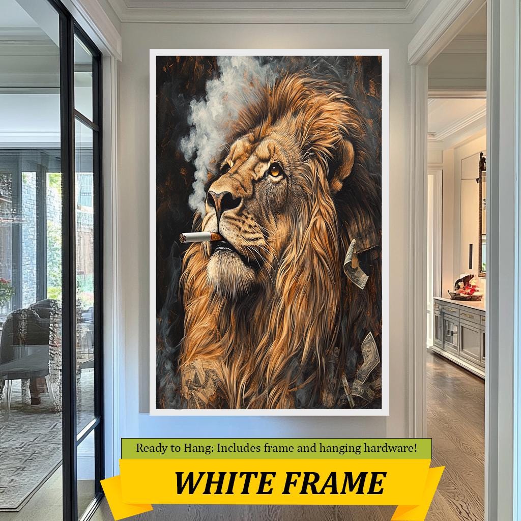 Lion Smoking Art Print, Cool Lion Portrait, Modern Animal Wall Decor, Unique Wildlife Artwork, Smoking Lion Canvas, Bold Safari Wall Art