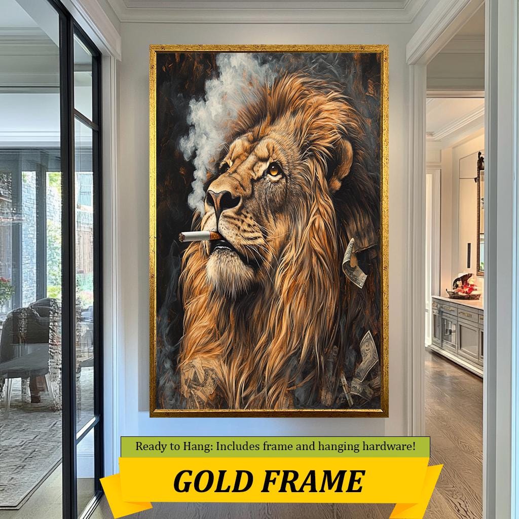 Lion Smoking Art Print, Cool Lion Portrait, Modern Animal Wall Decor, Unique Wildlife Artwork, Smoking Lion Canvas, Bold Safari Wall Art