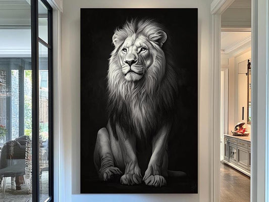 White Lion Wall Art Print, Majestic Lion Portrait, Black and White Wildlife Decor, Regal Jungle King Artwork, Safari Animal Wall Art