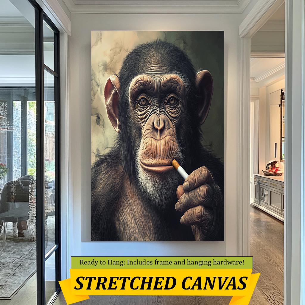 Smoking Chimpanzee Wall Art, Cool Animal Portrait Print, Modern Wildlife Decor, Unique Monkey Artwork, Funny Chimp Wall Art for Home