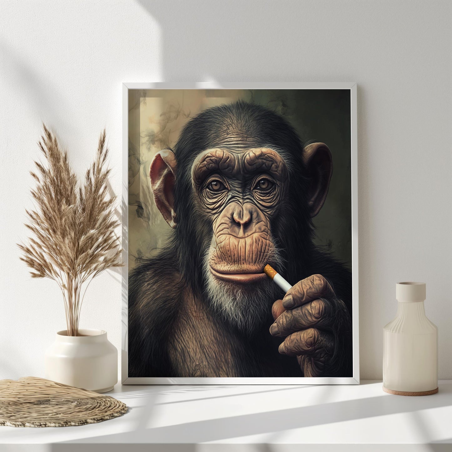 Smoking Chimpanzee Wall Art, Cool Animal Portrait Print, Modern Wildlife Decor, Unique Monkey Artwork, Funny Chimp Wall Art for Home