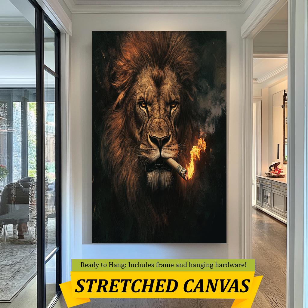 Smoking Lion Art Print, Fierce Lion with Burning Cigar, Bold Wildlife Wall Decor, Modern Animal Artwork, Fiery Jungle King Canvas