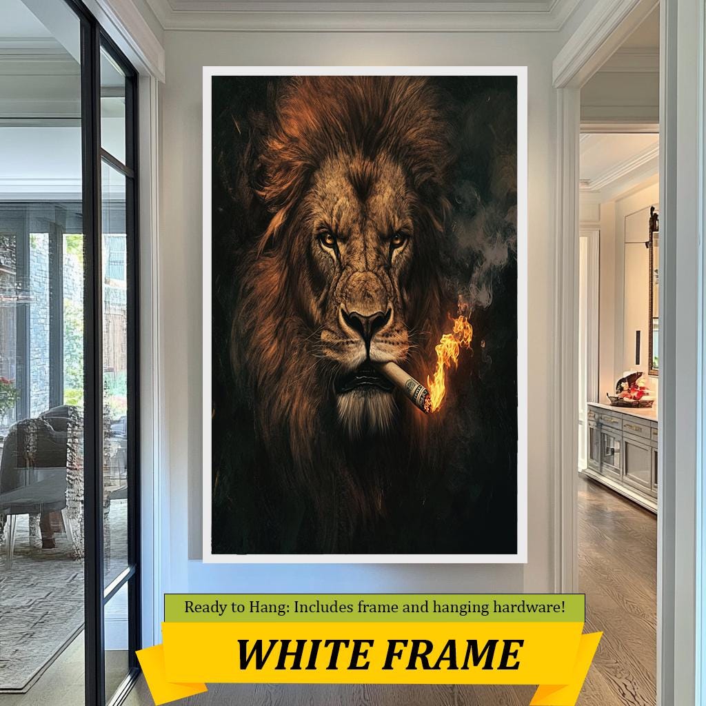 Smoking Lion Art Print, Fierce Lion with Burning Cigar, Bold Wildlife Wall Decor, Modern Animal Artwork, Fiery Jungle King Canvas