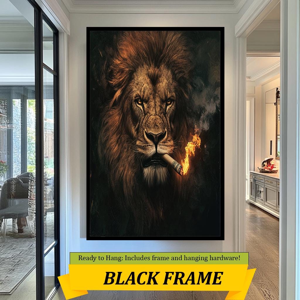 Smoking Lion Art Print, Fierce Lion with Burning Cigar, Bold Wildlife Wall Decor, Modern Animal Artwork, Fiery Jungle King Canvas