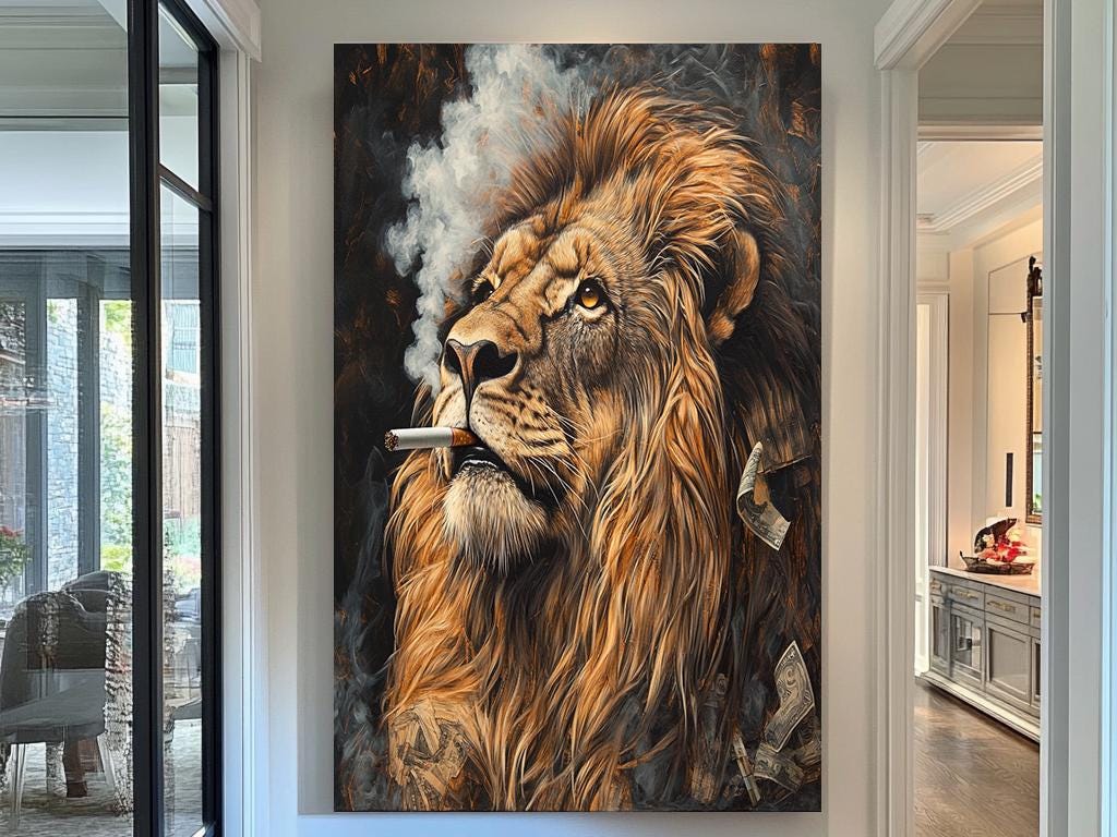 Lion Smoking Art Print, Cool Lion Portrait, Modern Animal Wall Decor, Unique Wildlife Artwork, Smoking Lion Canvas, Bold Safari Wall Art