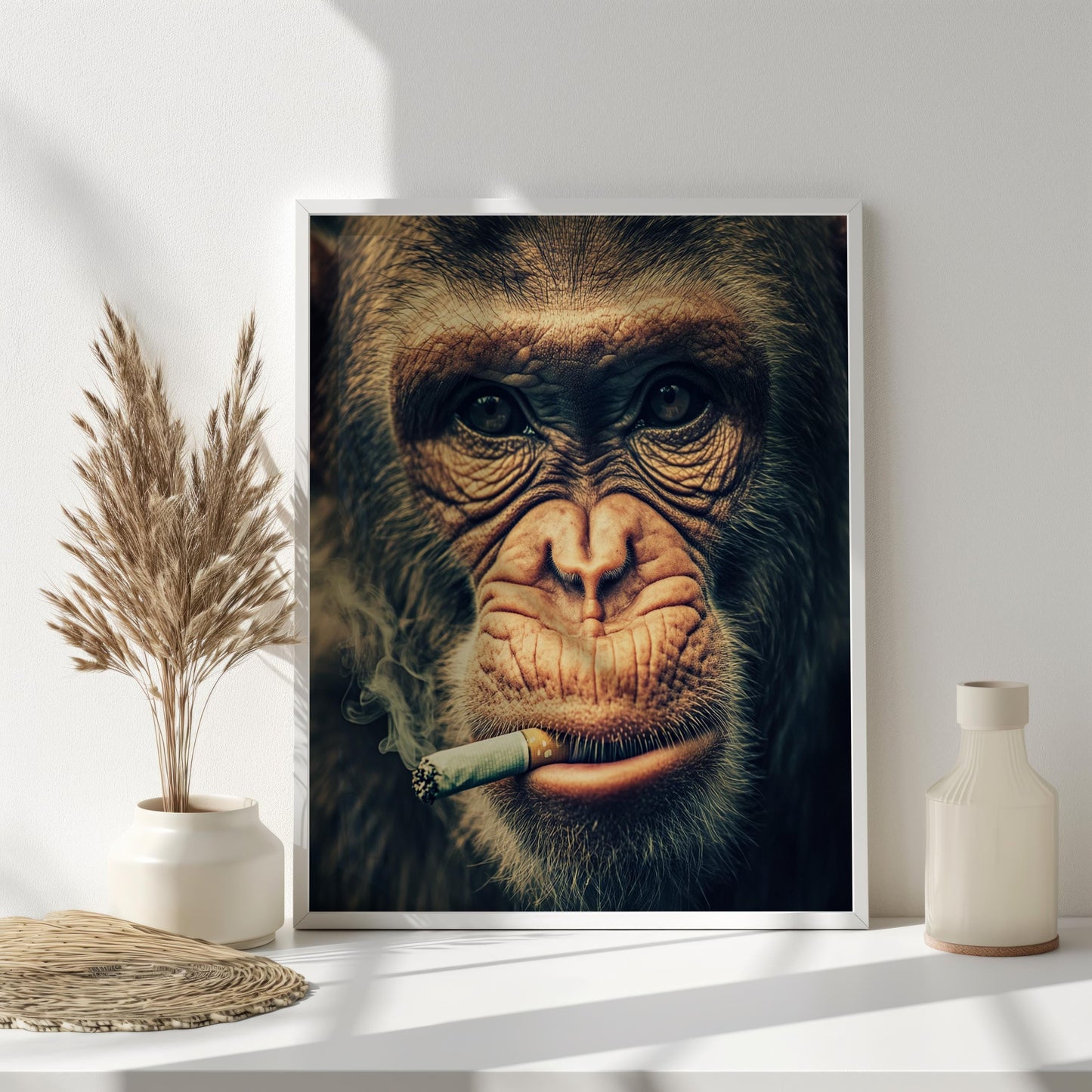 Smoking Chimp Close-Up Wall Art, Funny Animal Portrait Print, Modern Wildlife Decor, Quirky Chimpanzee Artwork, Unique Monkey Wall Art