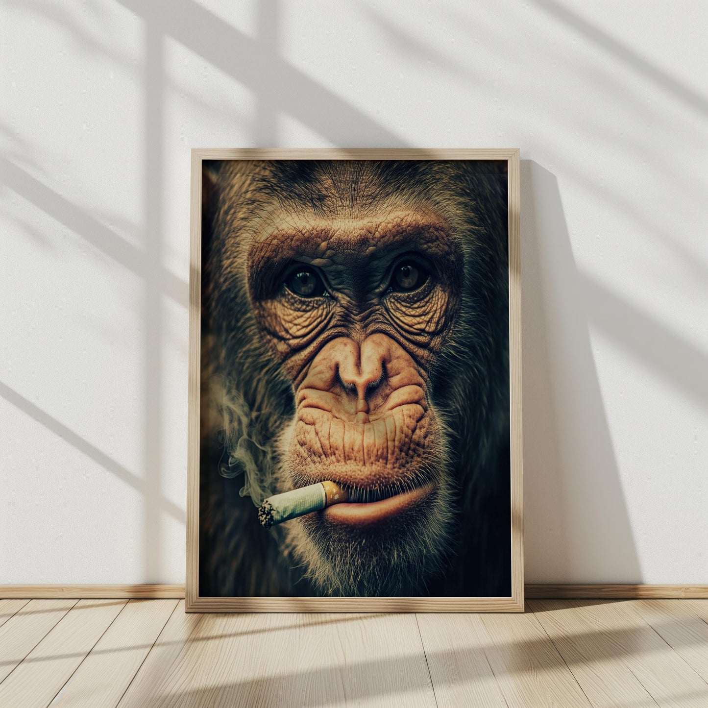 Smoking Chimp Close-Up Wall Art, Funny Animal Portrait Print, Modern Wildlife Decor, Quirky Chimpanzee Artwork, Unique Monkey Wall Art