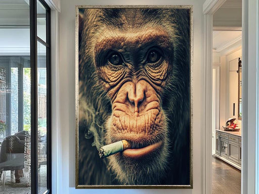 Smoking Chimp Close-Up Wall Art, Funny Animal Portrait Print, Modern Wildlife Decor, Quirky Chimpanzee Artwork, Unique Monkey Wall Art