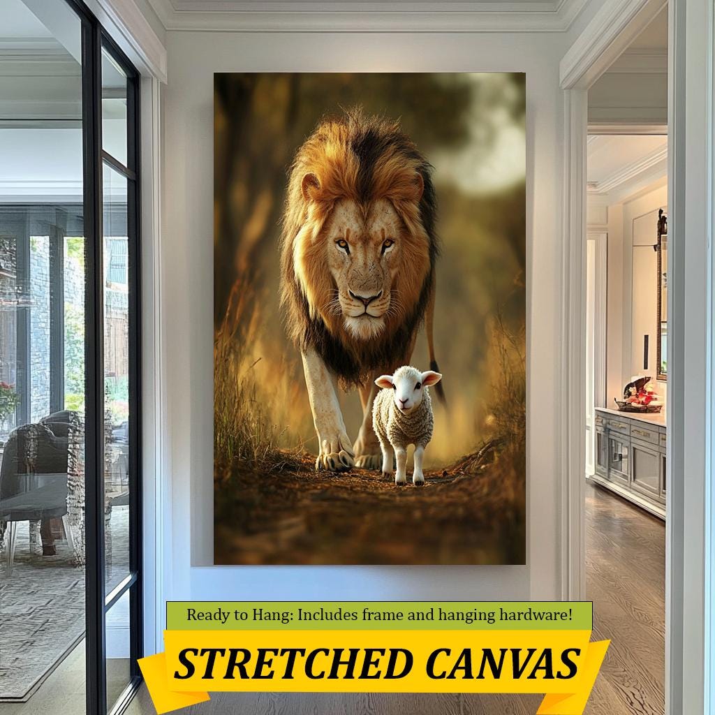 Lion and Lamb Wall Art Print, Peaceful Wildlife Artwork, Inspirational Animal Portrait, Nature Harmony Decor, Modern Safari Home Art