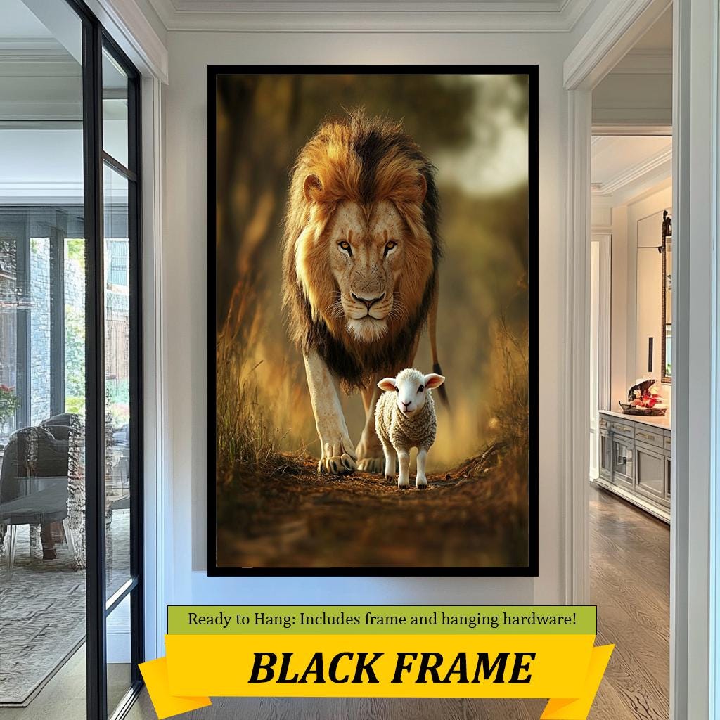 Lion and Lamb Wall Art Print, Peaceful Wildlife Artwork, Inspirational Animal Portrait, Nature Harmony Decor, Modern Safari Home Art