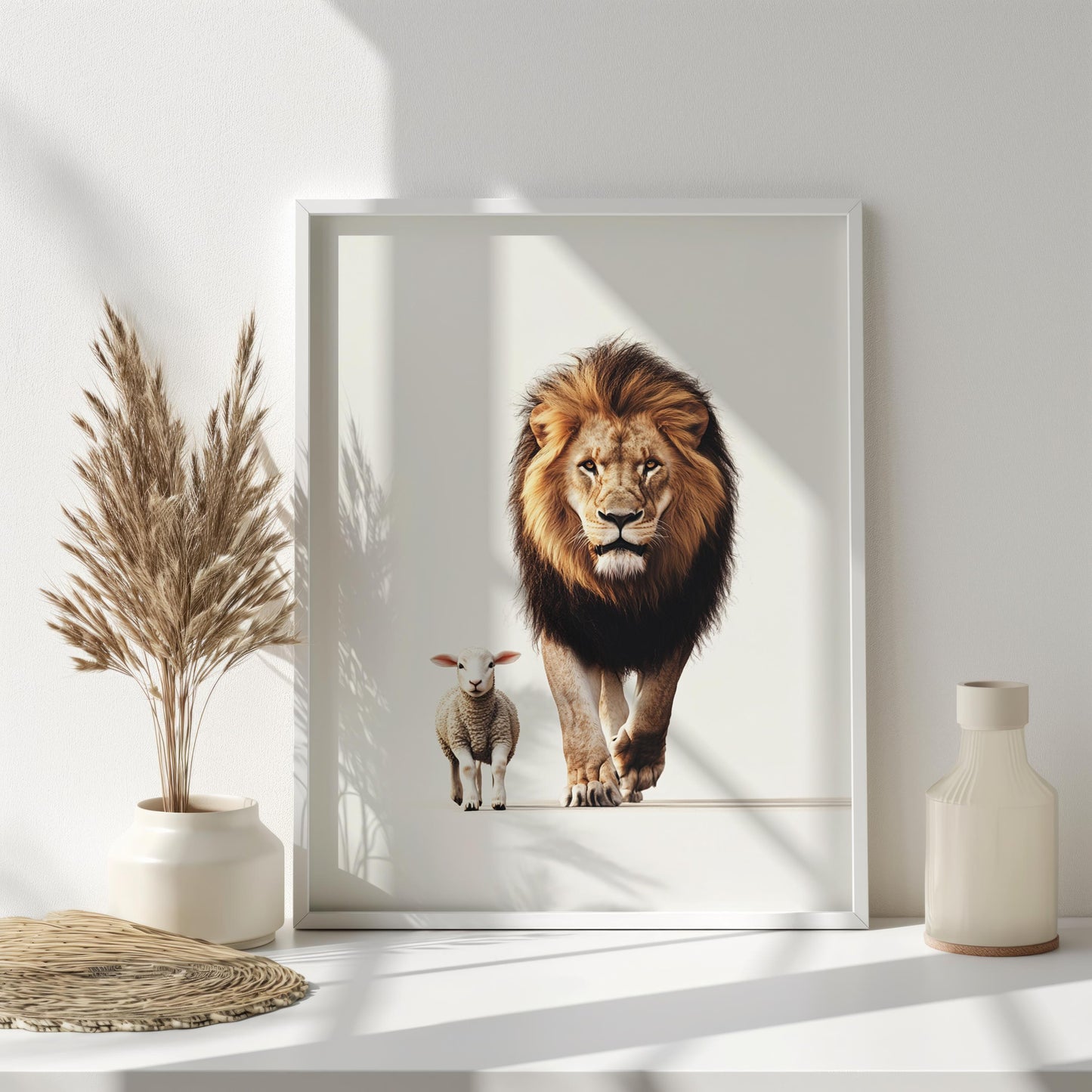 Lion and Lamb Minimalist Wall Art, Inspirational Animal Print, Symbolic Wildlife Artwork, Modern Safari Decor, Peace and Harmony Poster