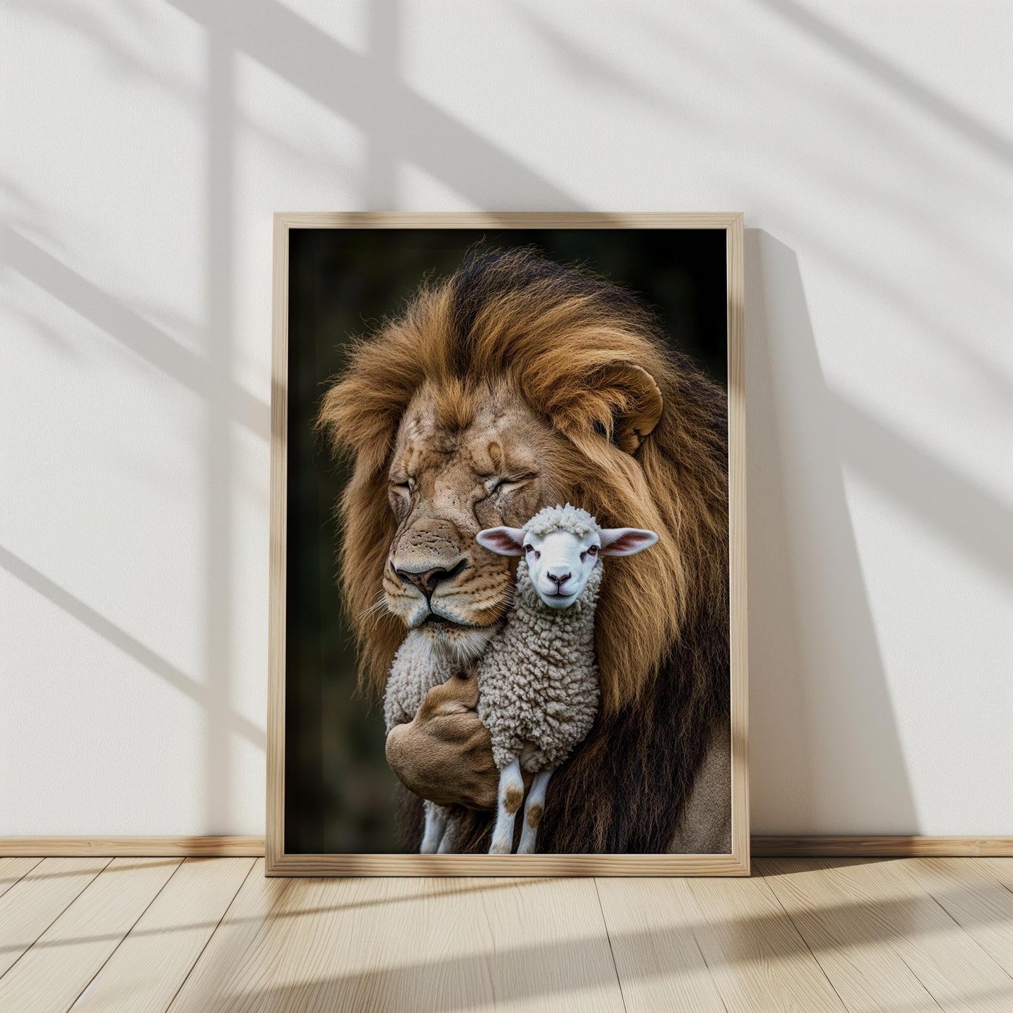 Lion and Lamb Embrace Wall Art, Peaceful Wildlife Portrait, Symbolic Animal Artwork, Inspirational Nature Print, Harmony and Love Decor