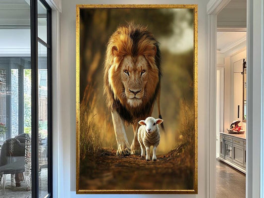 Lion and Lamb Wall Art Print, Peaceful Wildlife Artwork, Inspirational Animal Portrait, Nature Harmony Decor, Modern Safari Home Art