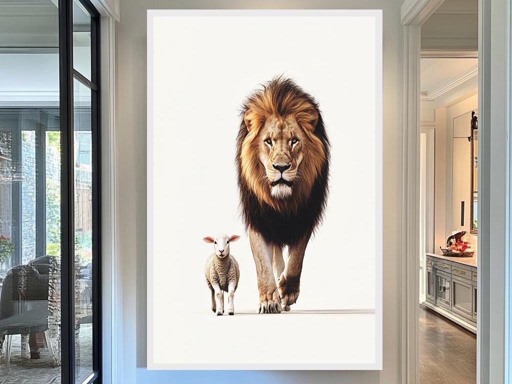 Lion and Lamb Minimalist Wall Art, Inspirational Animal Print, Symbolic Wildlife Artwork, Modern Safari Decor, Peace and Harmony Poster