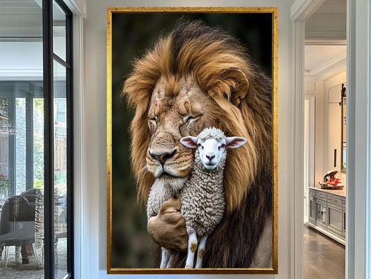 Lion and Lamb Embrace Wall Art, Peaceful Wildlife Portrait, Symbolic Animal Artwork, Inspirational Nature Print, Harmony and Love Decor