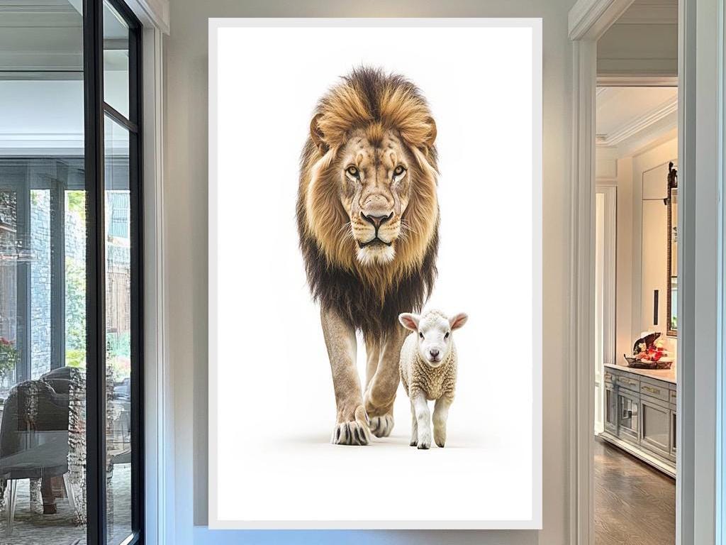 Lion and Lamb Minimalist Art Print, Symbolic Wildlife Wall Art, Peace and Harmony Decor, Inspirational Animal Portrait,Modern Nature Artwork