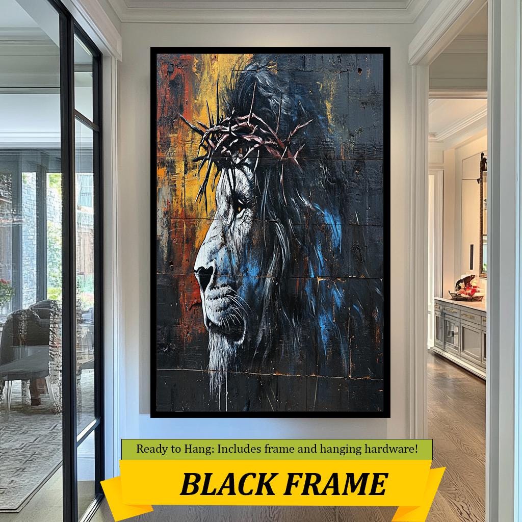 Lion Wall Art Christian Decor, Lion with Crown of Thorns Painting, Spiritual Animal Graffiti Mural, Religious Street Art Print