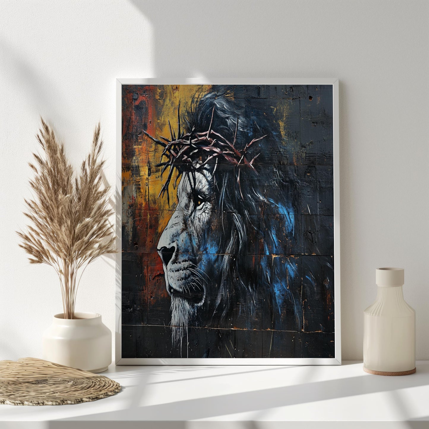 Lion Wall Art Christian Decor, Lion with Crown of Thorns Painting, Spiritual Animal Graffiti Mural, Religious Street Art Print