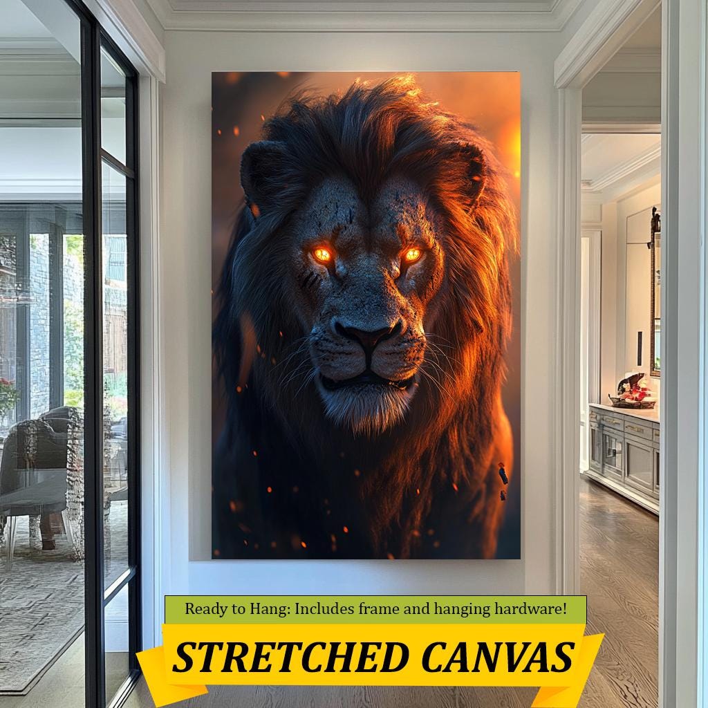 Fiery Lion Art Print, Majestic Lion with Glowing Eyes, Dramatic Animal Wall Art, Powerful Wildlife Artwork for Modern Decor