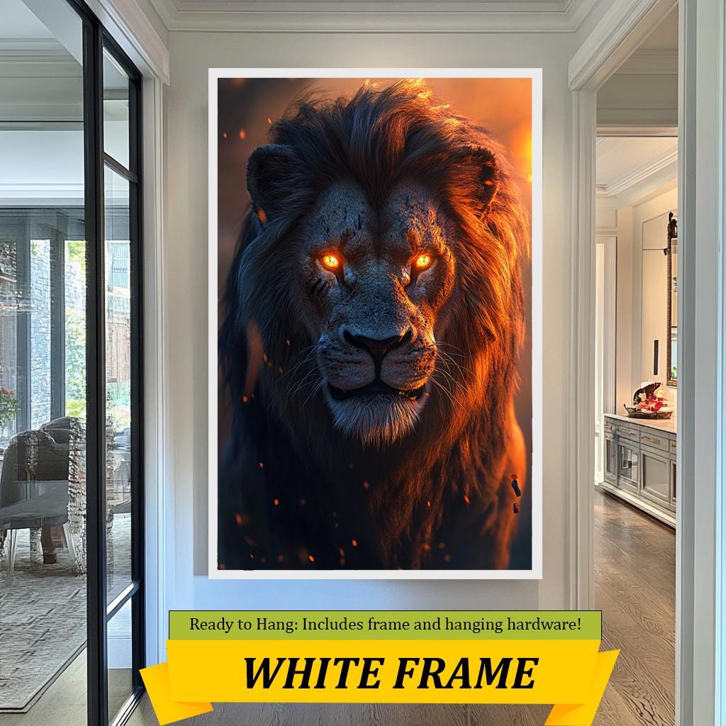 Fiery Lion Art Print, Majestic Lion with Glowing Eyes, Dramatic Animal Wall Art, Powerful Wildlife Artwork for Modern Decor