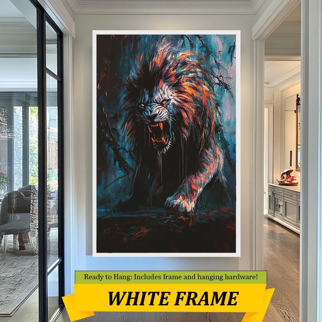 Fierce Lion Art Print, Dark Roaring Lion Painting, Dramatic Animal Wall Art, Vibrant Jungle Wildlife Decor, Bold Modern Artwork