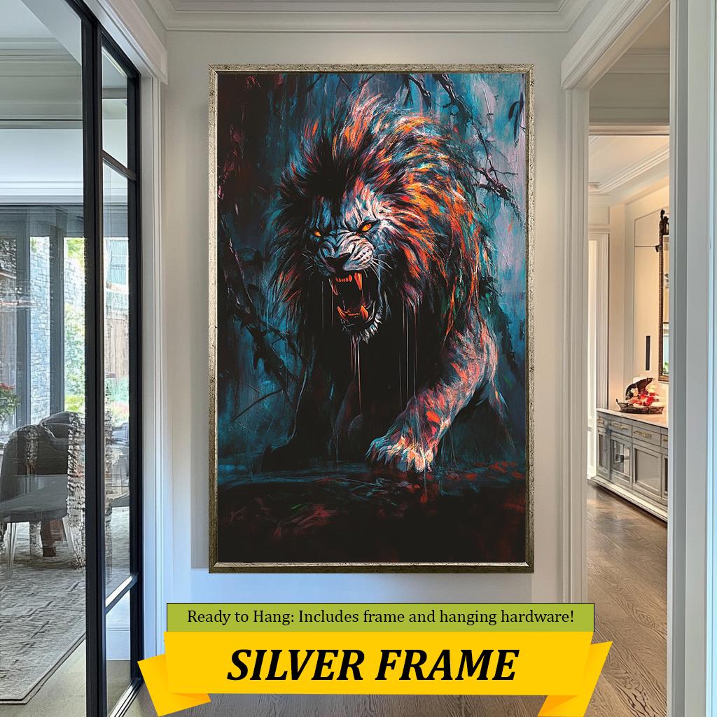 Fierce Lion Art Print, Dark Roaring Lion Painting, Dramatic Animal Wall Art, Vibrant Jungle Wildlife Decor, Bold Modern Artwork