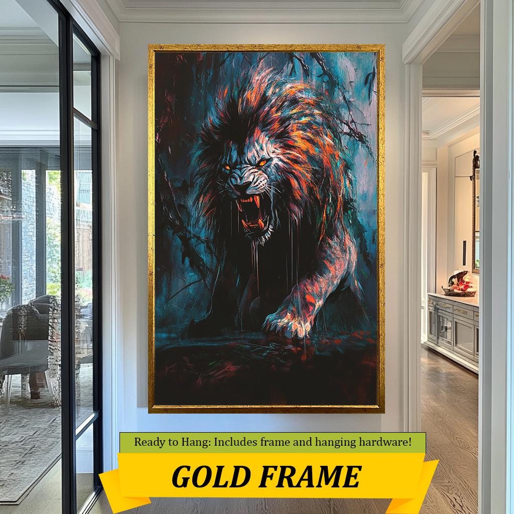 Fierce Lion Art Print, Dark Roaring Lion Painting, Dramatic Animal Wall Art, Vibrant Jungle Wildlife Decor, Bold Modern Artwork