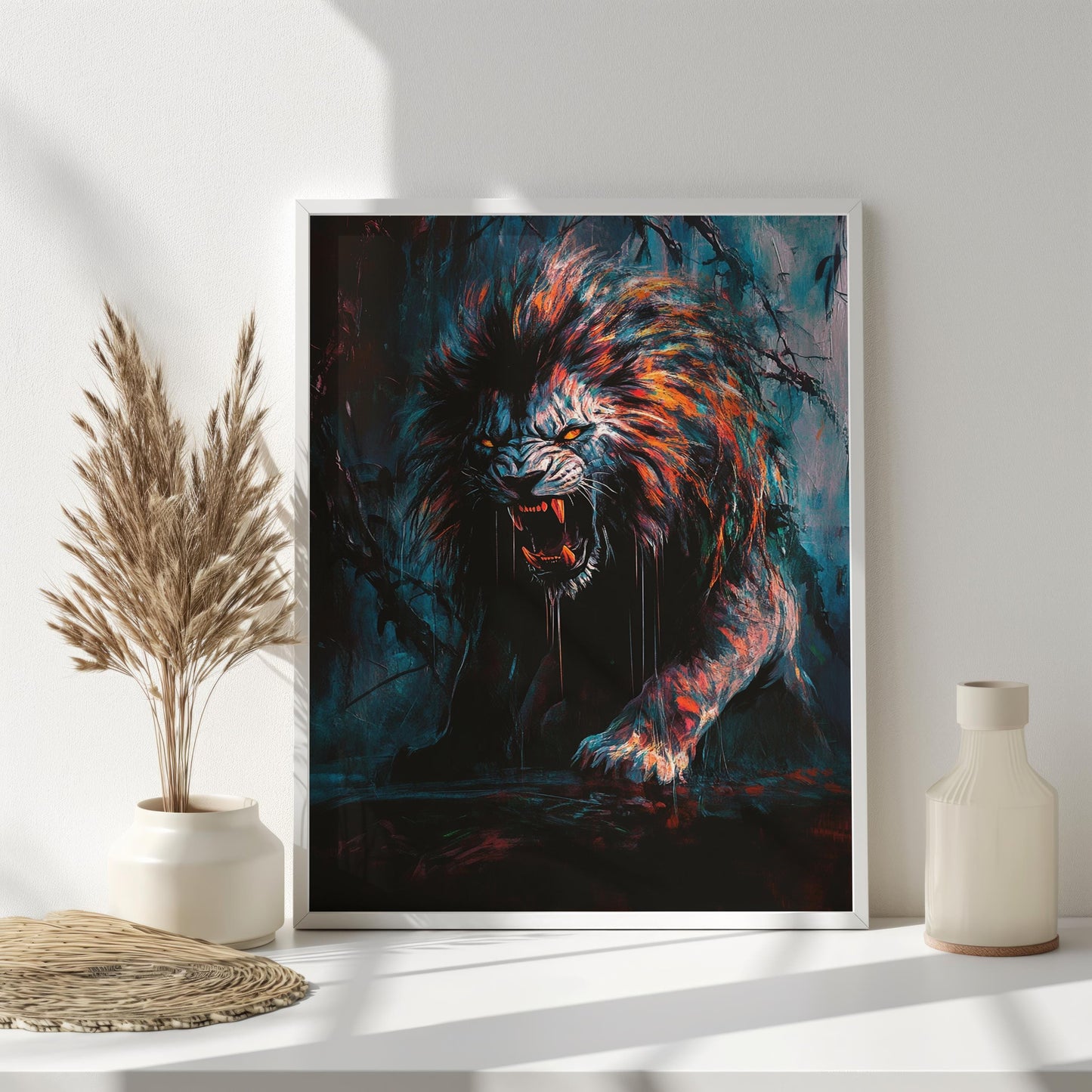 Fierce Lion Art Print, Dark Roaring Lion Painting, Dramatic Animal Wall Art, Vibrant Jungle Wildlife Decor, Bold Modern Artwork