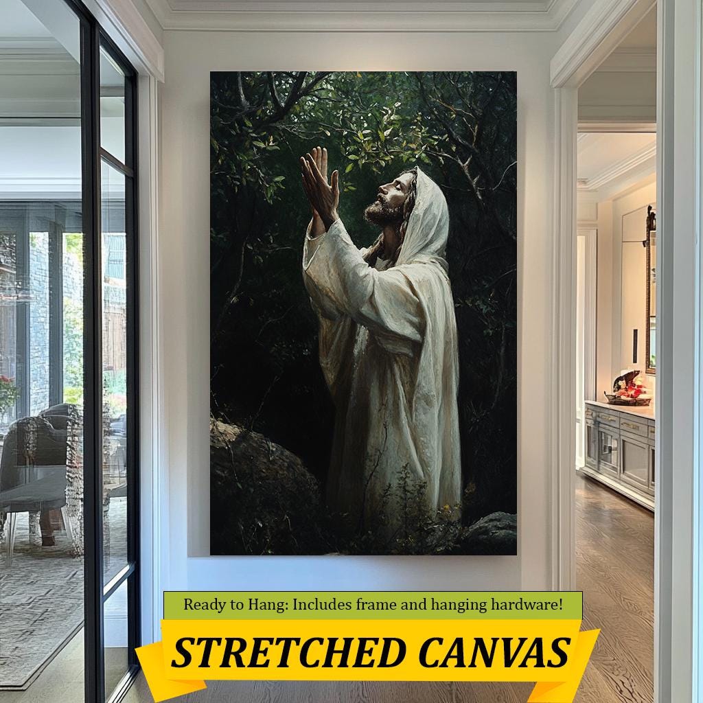 Jesus Praying in the Garden Art Print, Spiritual Christian Wall Decor, Faith-Inspired Religious Artwork, Devotional Prayer Painting