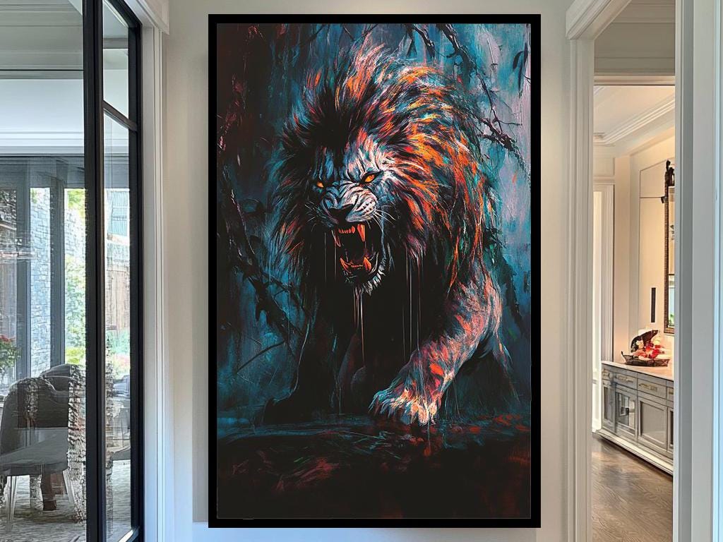 Fierce Lion Art Print, Dark Roaring Lion Painting, Dramatic Animal Wall Art, Vibrant Jungle Wildlife Decor, Bold Modern Artwork