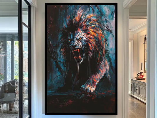 Fierce Lion Art Print, Dark Roaring Lion Painting, Dramatic Animal Wall Art, Vibrant Jungle Wildlife Decor, Bold Modern Artwork