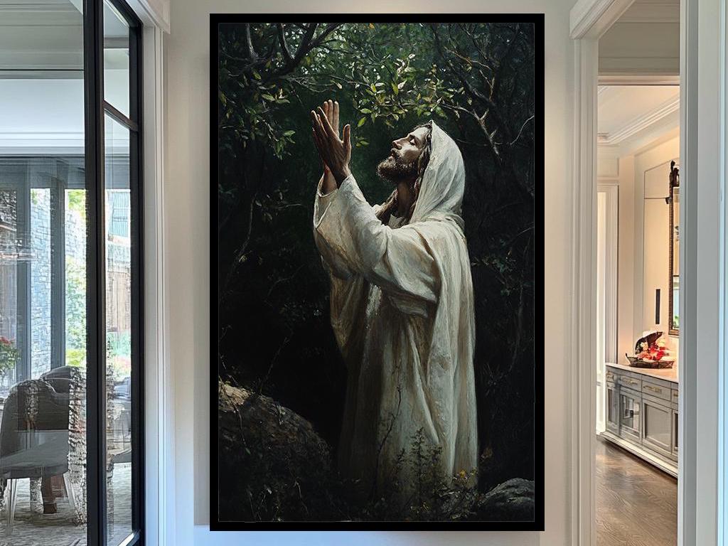 Jesus Praying in the Garden Art Print, Spiritual Christian Wall Decor, Faith-Inspired Religious Artwork, Devotional Prayer Painting