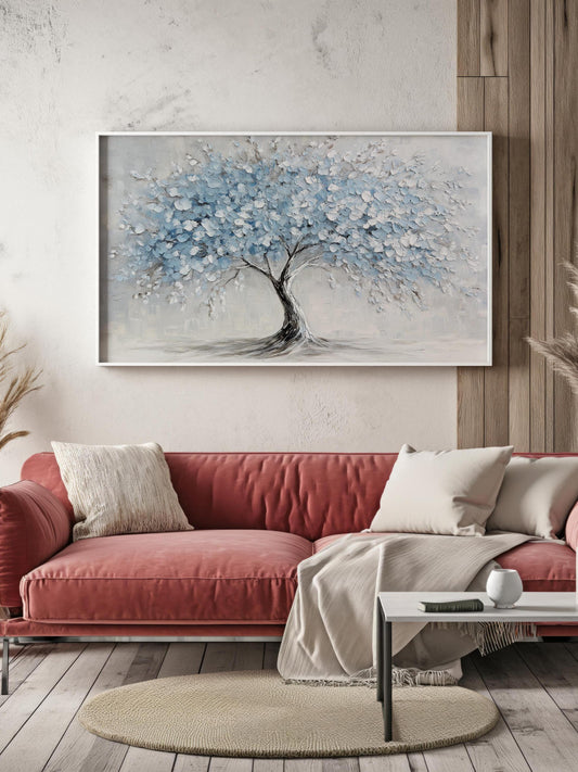 Textured Palette Knife Painting of Blue Tree, Modern Abstract Art, Large Canvas Wall Decor, Hand Painted Tree Artwork for Home Decor