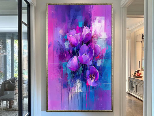 Abstract Purple Tulip Art | Vibrant Floral Canvas | Modern Flower Painting | Contemporary Wall Decor | Dynamic Home Artwork