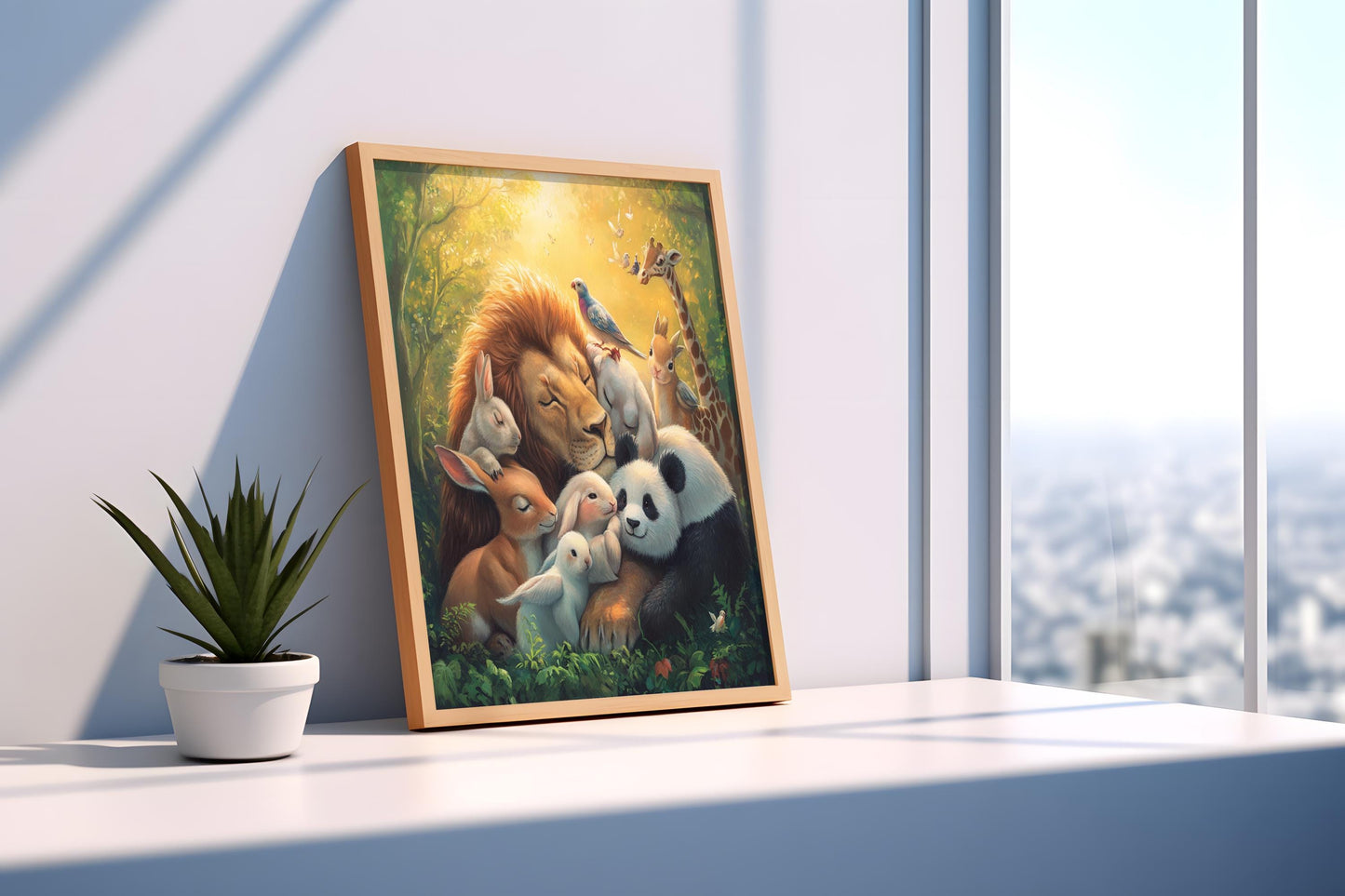 Heartwarming Animal Harmony Art - Lion, Panda, Bunny, Giraffe and Birds - Peaceful Wildlife Canvas - Whimsical Nature Wall Decor