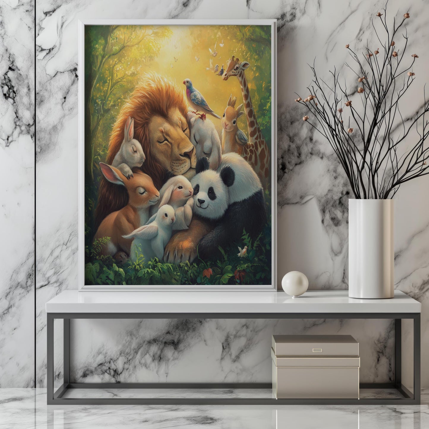 Heartwarming Animal Harmony Art - Lion, Panda, Bunny, Giraffe and Birds - Peaceful Wildlife Canvas - Whimsical Nature Wall Decor