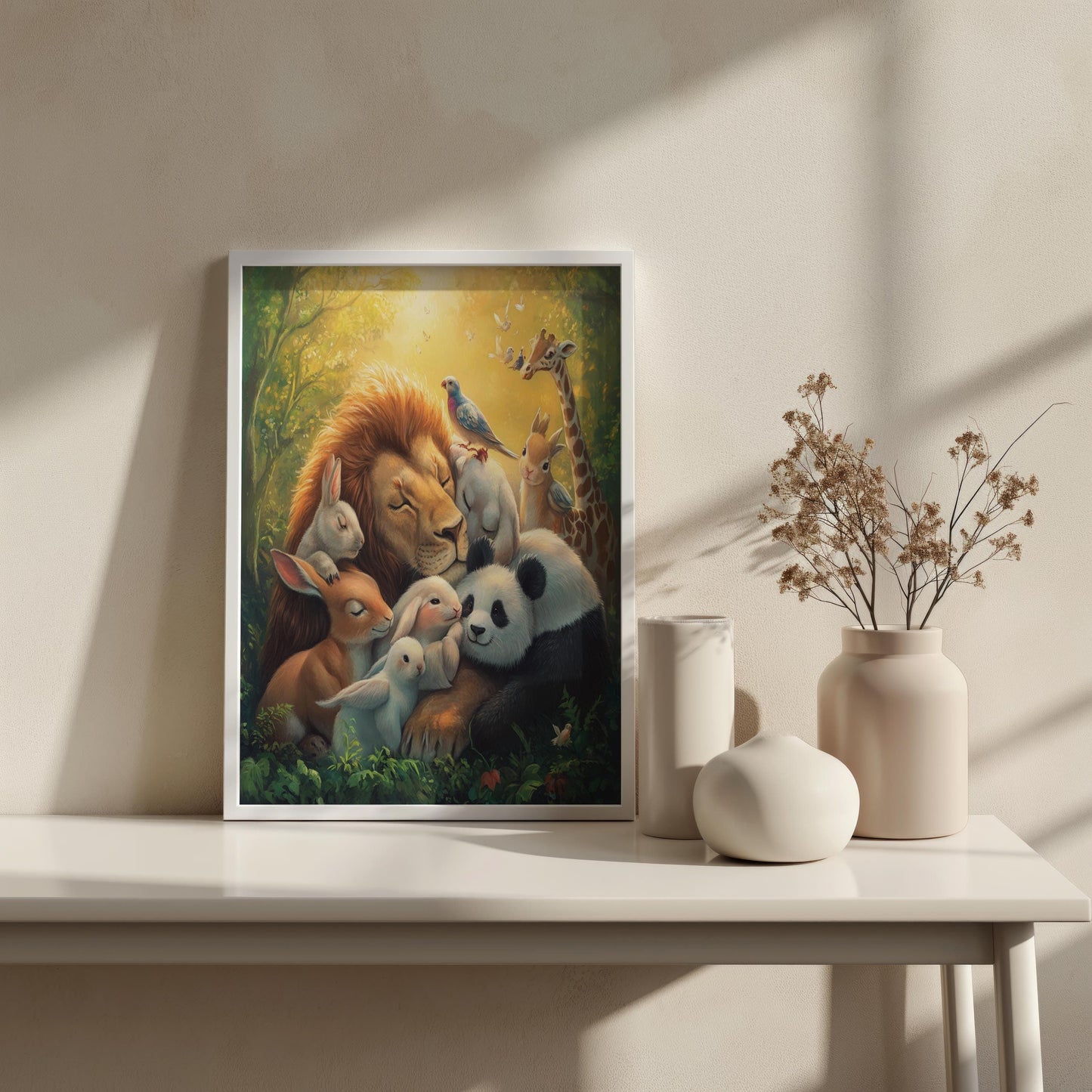 Heartwarming Animal Harmony Art - Lion, Panda, Bunny, Giraffe and Birds - Peaceful Wildlife Canvas - Whimsical Nature Wall Decor