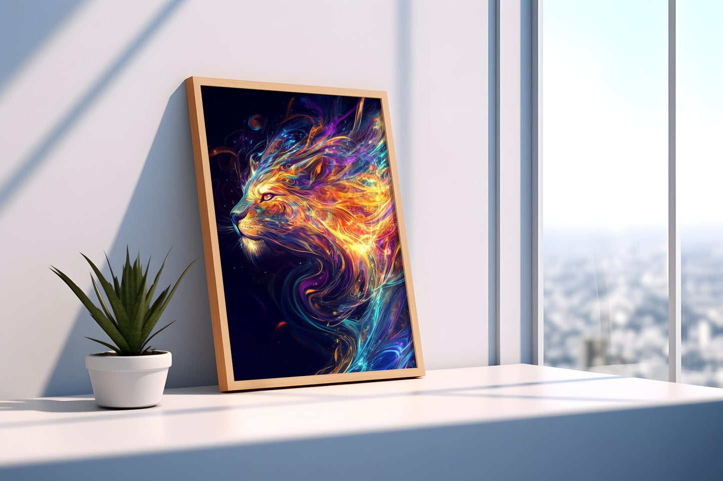 Fiery Lion Spirit Canvas Art - Vibrant Abstract Animal Portrait Wall Decor, Bold and Mystical Artwork for Living Room or Office