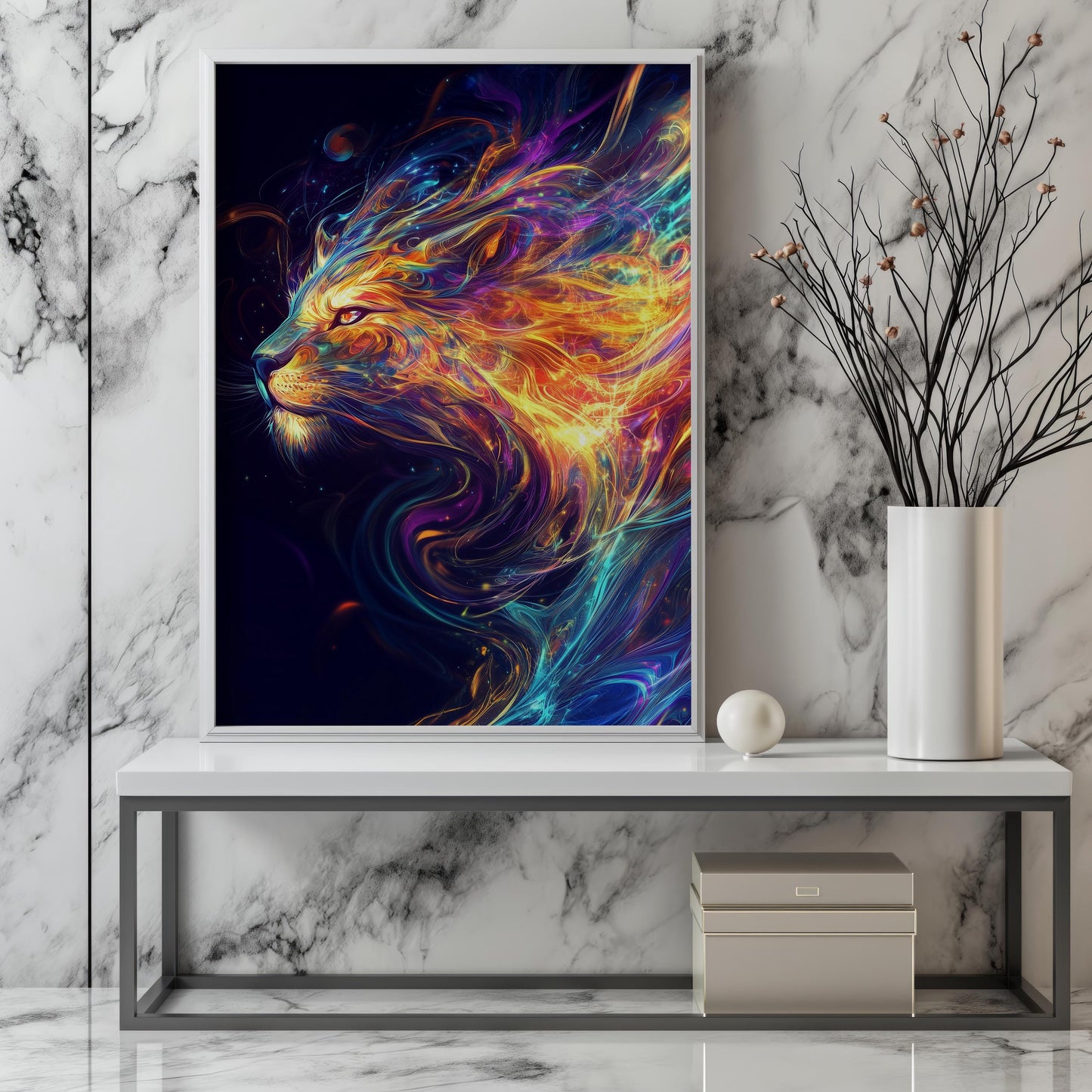 Fiery Lion Spirit Canvas Art - Vibrant Abstract Animal Portrait Wall Decor, Bold and Mystical Artwork for Living Room or Office